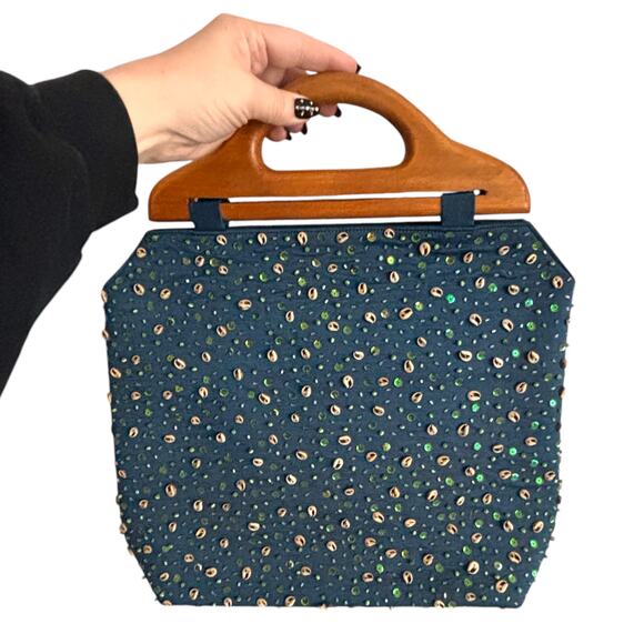 Vtg Doctor Bag Blue Satin Seashell Sequin Wood Top Handle Tote Retro Funky - Picture 10 of 10